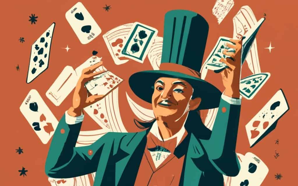A magician fanning a deck of playing cards on stage while performing card tricks for a captivated magic show audience.
